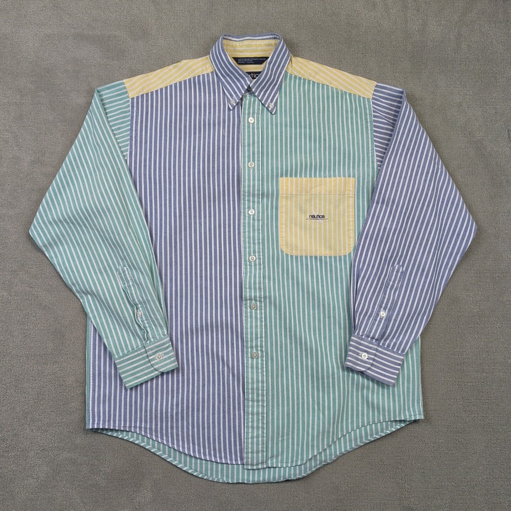 Vintage Nautica Shirt Mens Medium Multicolor Striped Colorblock Patchwork Oxford